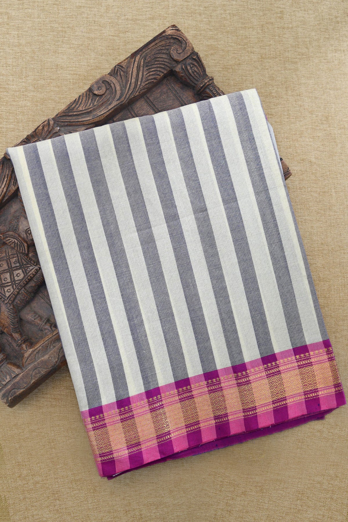 Gold Tissue Stripes With Contrast Mayil Kann Border Grey And Cream Color Paithani Handloom Cotton Saree