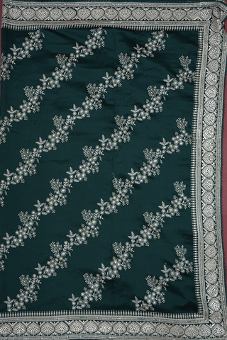 Floral Embroidered Design Bottle Green Tussar Silk Saree