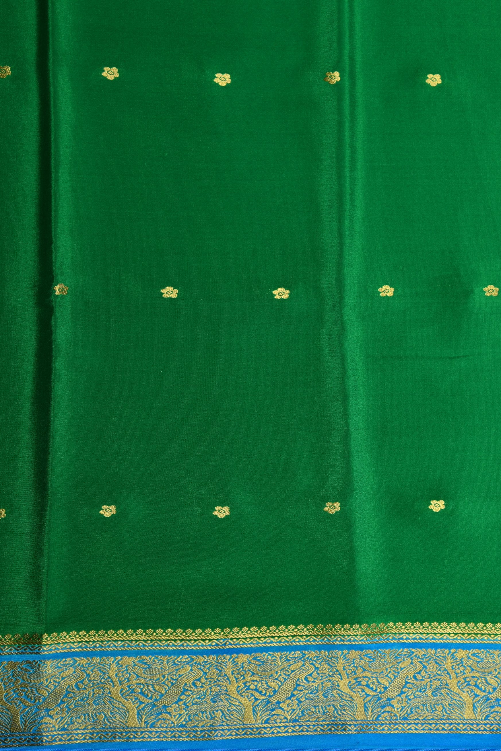 Traditional Contrast Border With Buttis Green Mysore Silk Saree