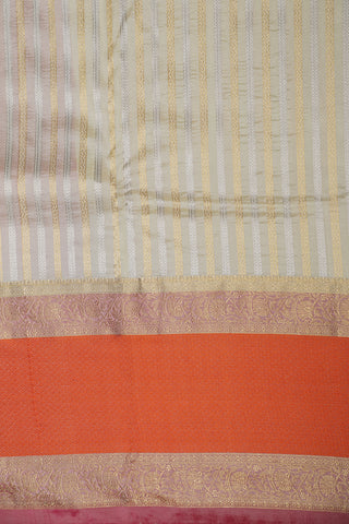 Gold And Silver Zari Stripes Off White Kanchipuram Silk Saree