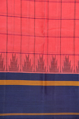 Blue Checks With Temple Design Silk Border Pink Kanchi Cotton Saree
