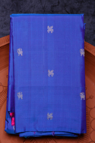 Yazhi And Horse Motif Azure Blue Kanchipuram Silk Saree