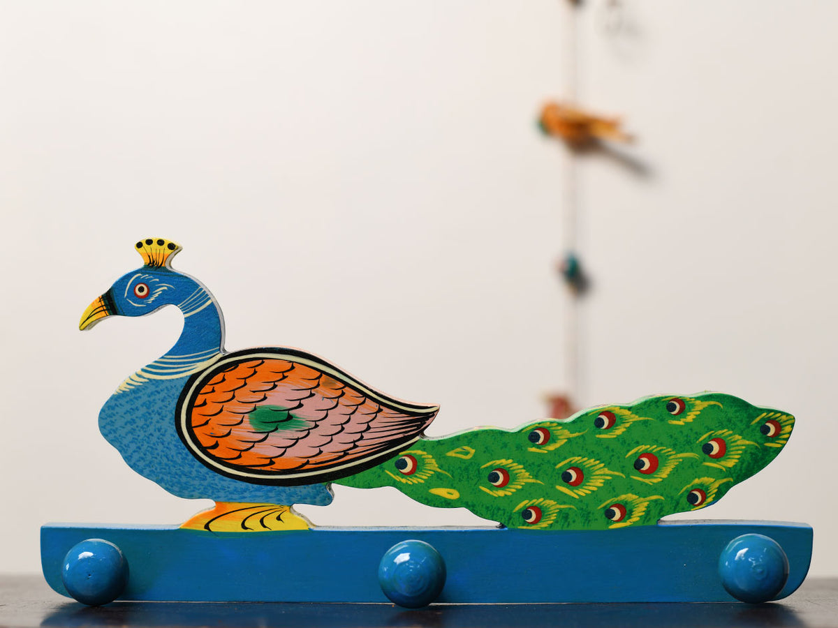 Handcrafted Wooden Peacock Multicolor Wall Hanger With 3 Hooks