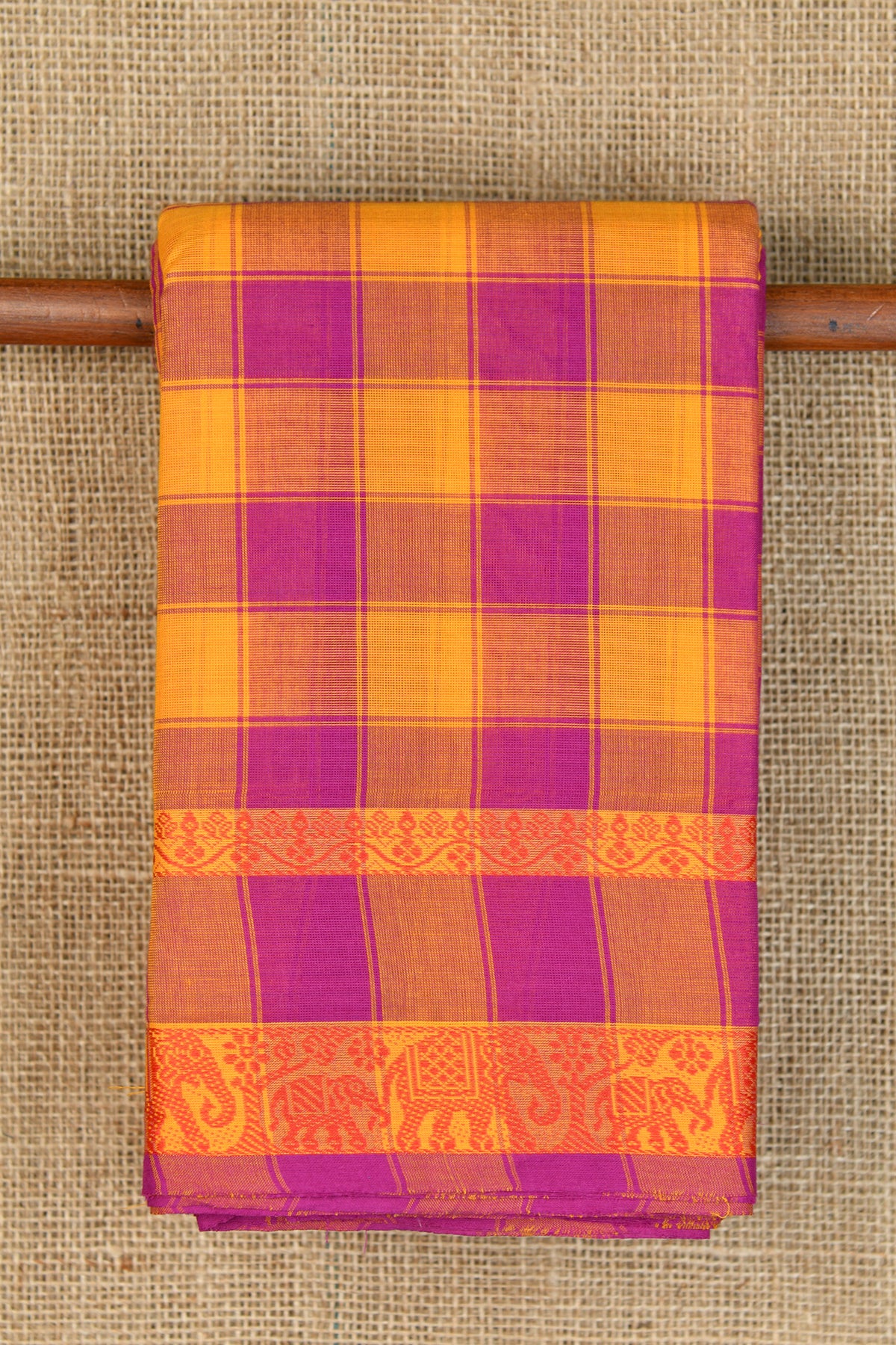 Traditional Thread Work Elephant Border With Checks Yellow And Magenta Chettinadu Cotton Saree