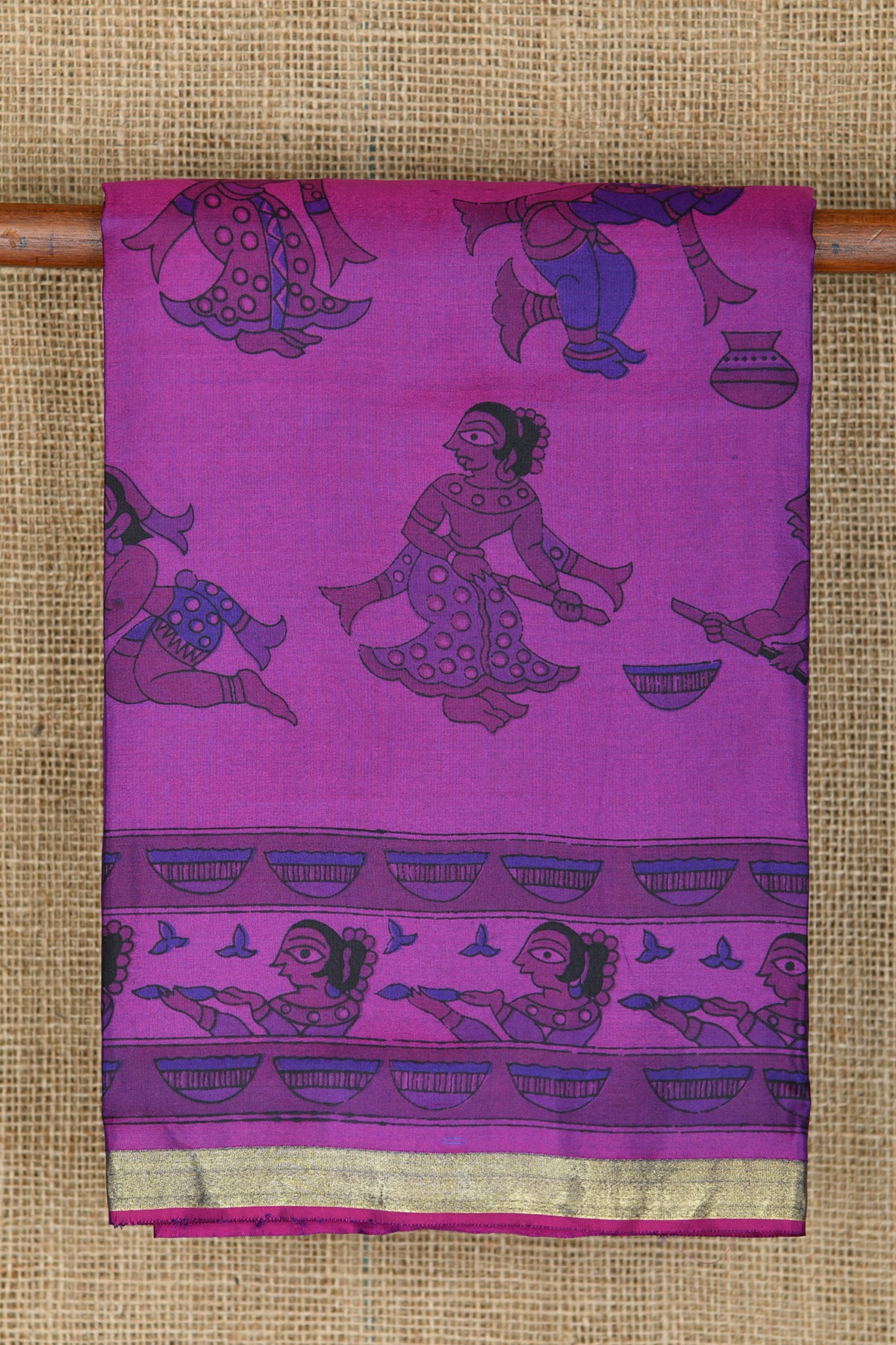 Small Zari Border With Warli Art Design Magenta Violet Printed Silk Saree