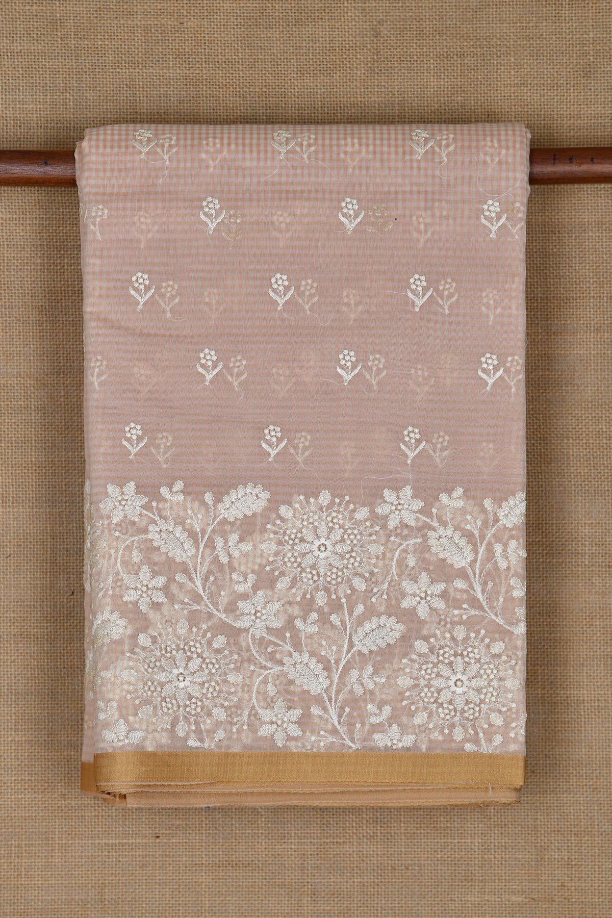 Embroidered Floral Border With Buttis Beige Semi Banaras Cotton Saree