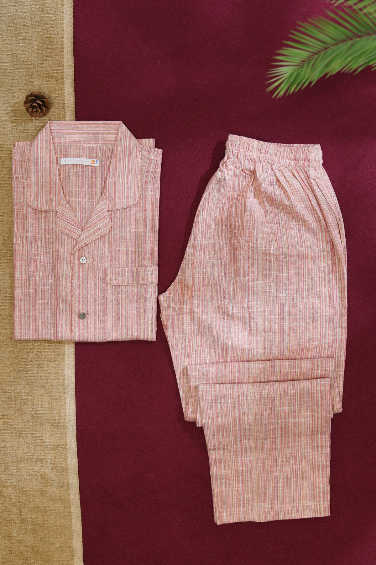 Camp Collar Shirt And Pant Set In Stripes Peach Pink Cotton Mens Night Suit