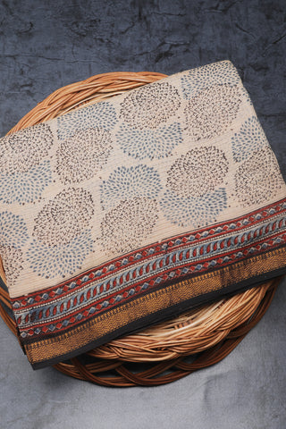 Marigold Design Ajrakh Ivory Hand Block Printed Cotton Saree