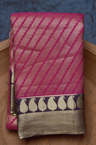 Paisley Zari Border With Floral Diagonal Lines Magenta Pink Mysore Silk Saree