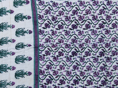 Floral Printed Off White And Purple Cotton Double Quilt