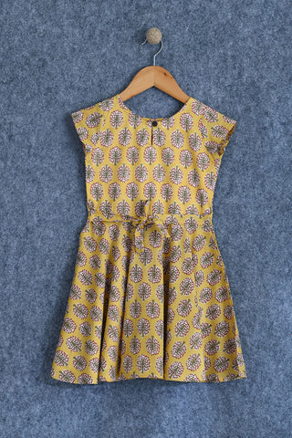 Floral Printed Sand Yellow Cotton Frock