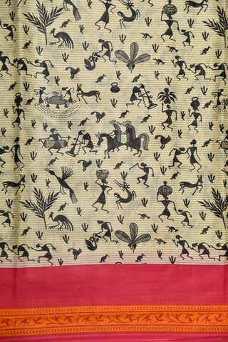 Warli Art Design Contrast Border Ivory Ahmedabad Cotton Saree