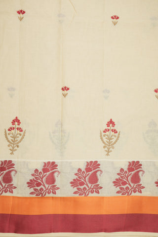 Floral Embroidered Motifs Ivory Ahmedabad Cotton Saree