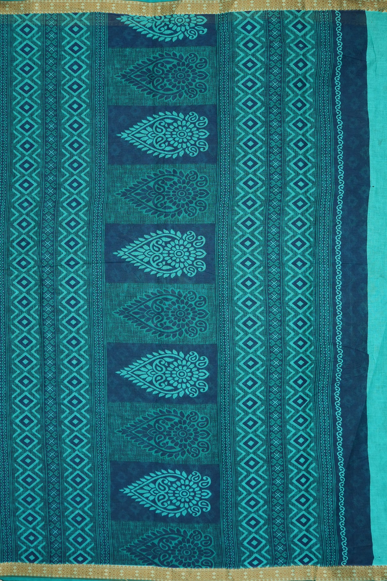 Allover Diamond Printed Design Teal Blue Ahmedabad Cotton Saree