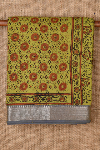 Olive Green Ajrakh Hand Block Printed Mangalagiri Cotton Saree