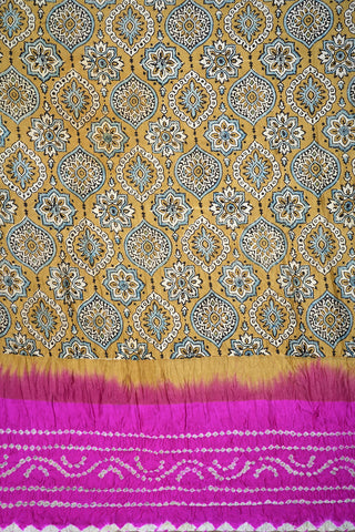 Ajrakh Printed Light Moss Yellow Bandhani Gaji Silk Saree