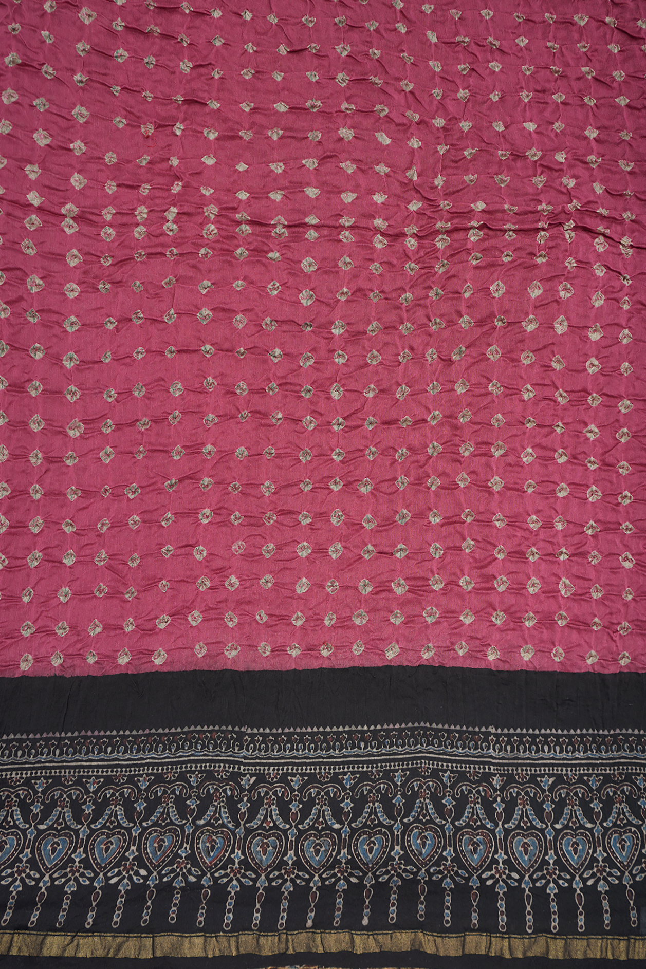 Ajrakh Printed Mulberry Pink Bandhani Silk Saree