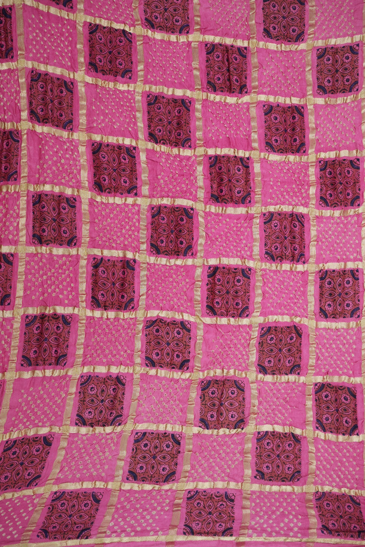 Ajrakh Printed Pink Bandhani Gaji Silk Saree