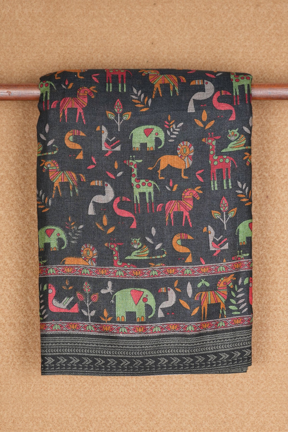 Allover Animal Design Black Pashmina Wool Cotton Saree