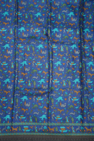 Allover Animal Design Royal Blue Pashmina Wool Cotton Saree