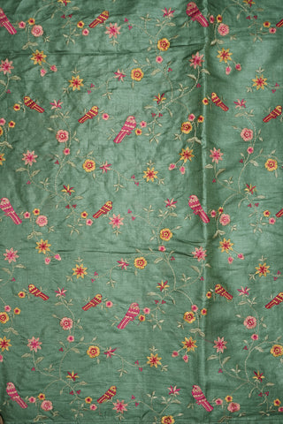 Allover Birds And Floral Embroidered Design Sage Green Tussar Silk Saree