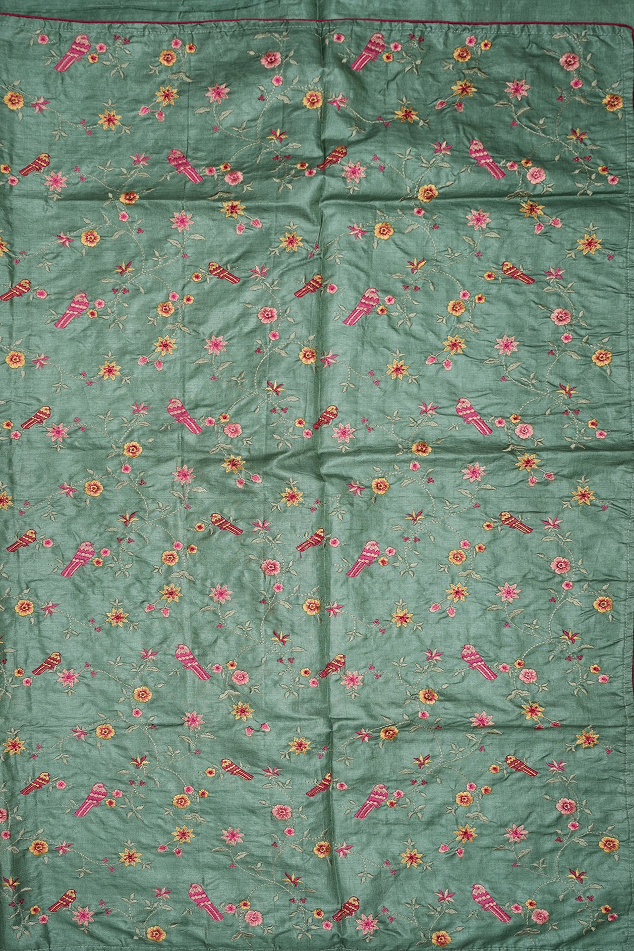 Allover Birds And Floral Embroidered Design Sage Green Tussar Silk Saree