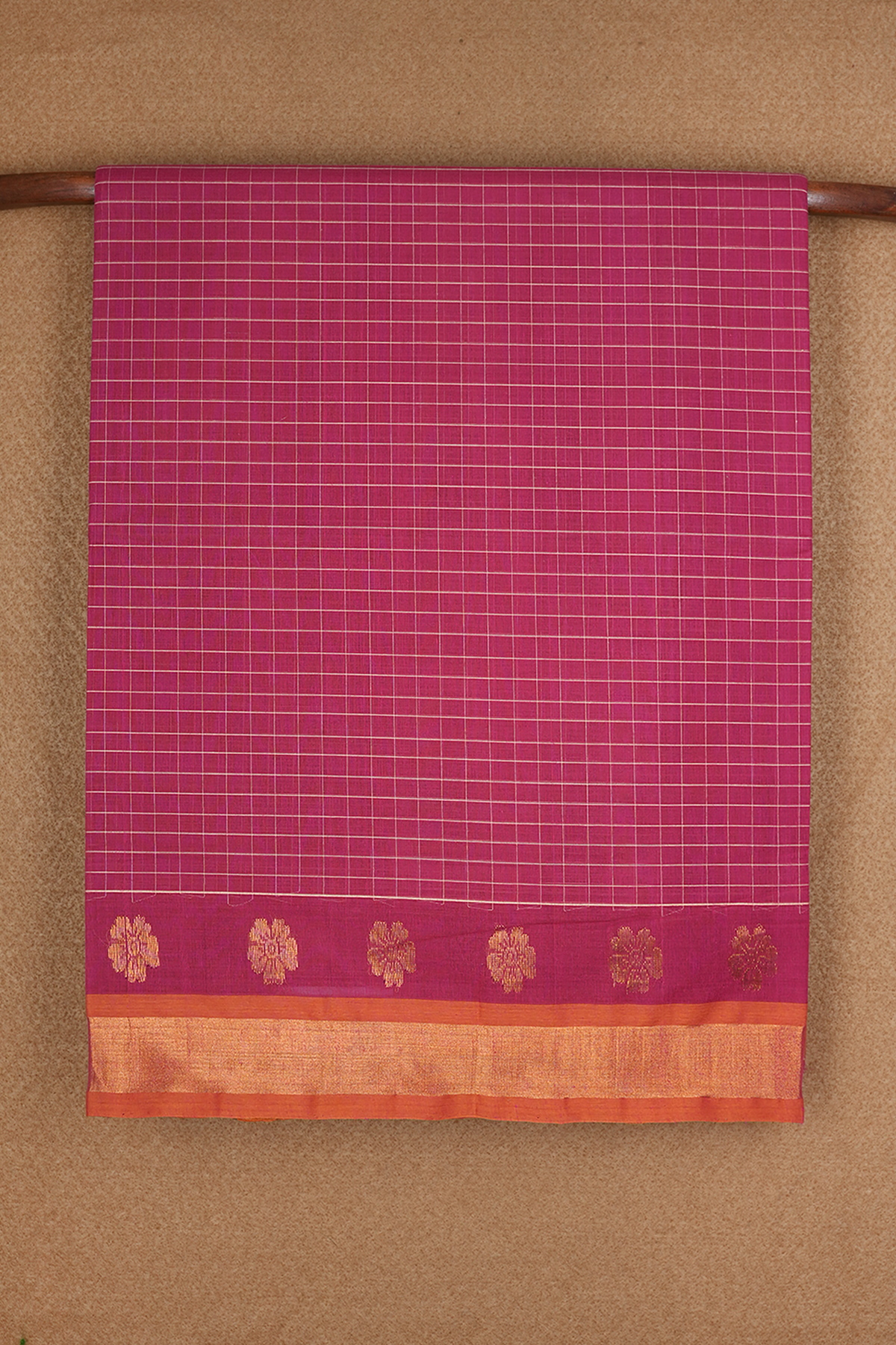 Allover Checks Design Hibiscus Red Venkatagiri Cotton Saree