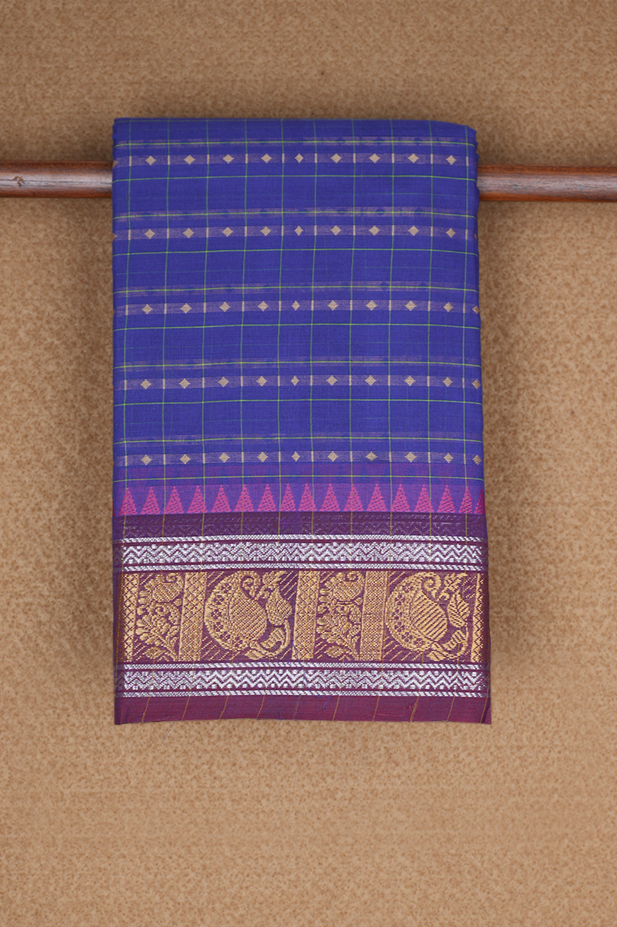 Allover Checks Design Royal Blue Kanchi Cotton Saree