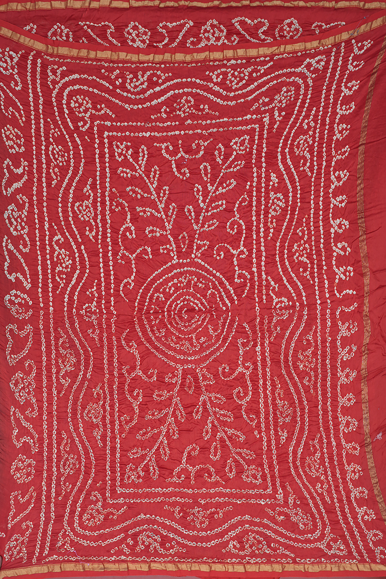 Allover Design Beige Ajrakh Printed Bandhani Silk Saree