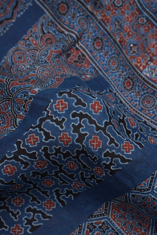 Allover Design Berry Blue Ajrakh Printed Linen Saree