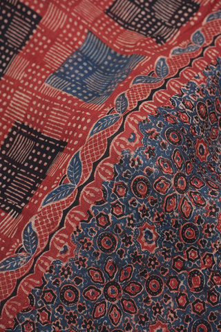 Allover Design Brick Red Ajrakh Printed Linen Saree