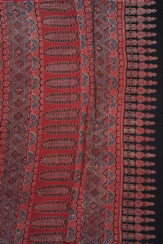 Allover Design Brick Red Ajrakh Printed Linen Saree