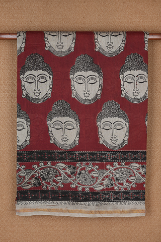 Buddha Printed Cherry Red Kalamkari Cotton Saree