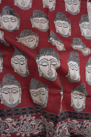 Buddha Printed Cherry Red Kalamkari Cotton Saree