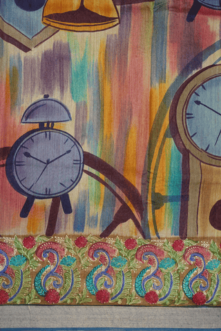 Clock Printed Design Multicolor Chanderi Silk Cotton Saree