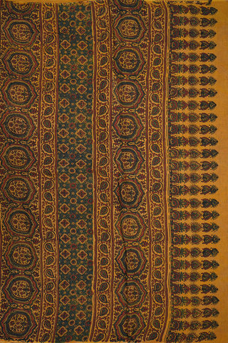 Allover Design Mustard Yellow Ajrakh Printed Linen Saree
