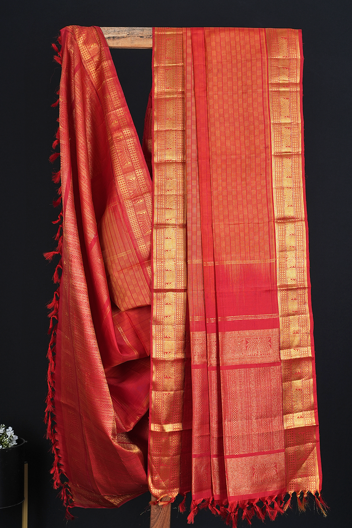 Allover Design Red And Yellow Kanchipuram Silk Dupatta