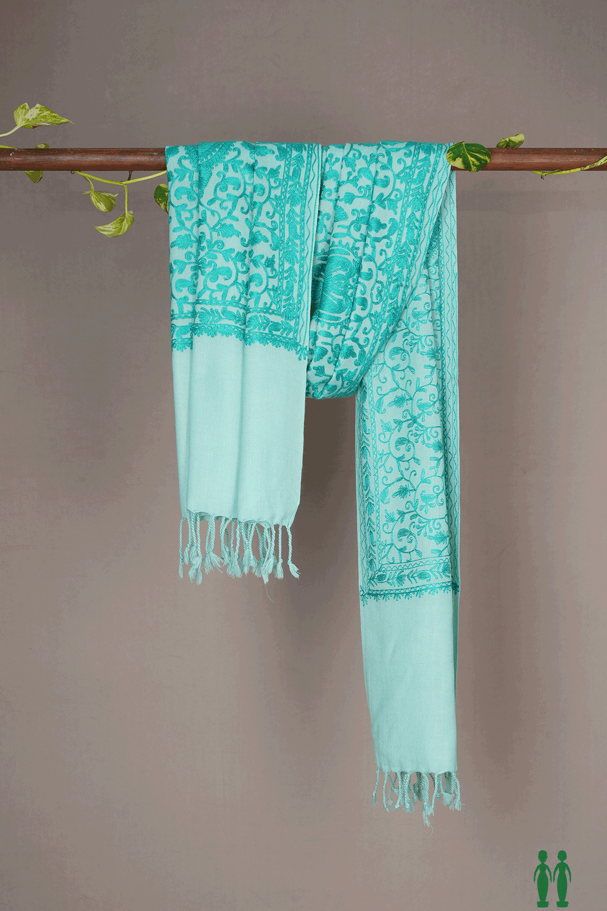 Allover Embroidered Design Pastel Green Woolen Shawl