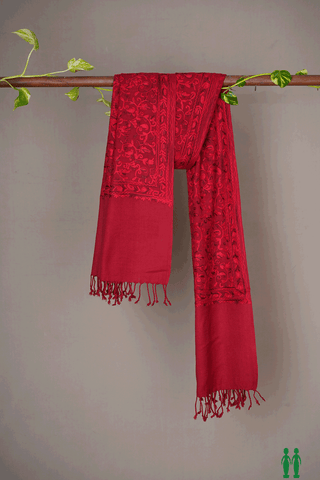 Allover Embroidered Design Ruby Red Woolen Shawl