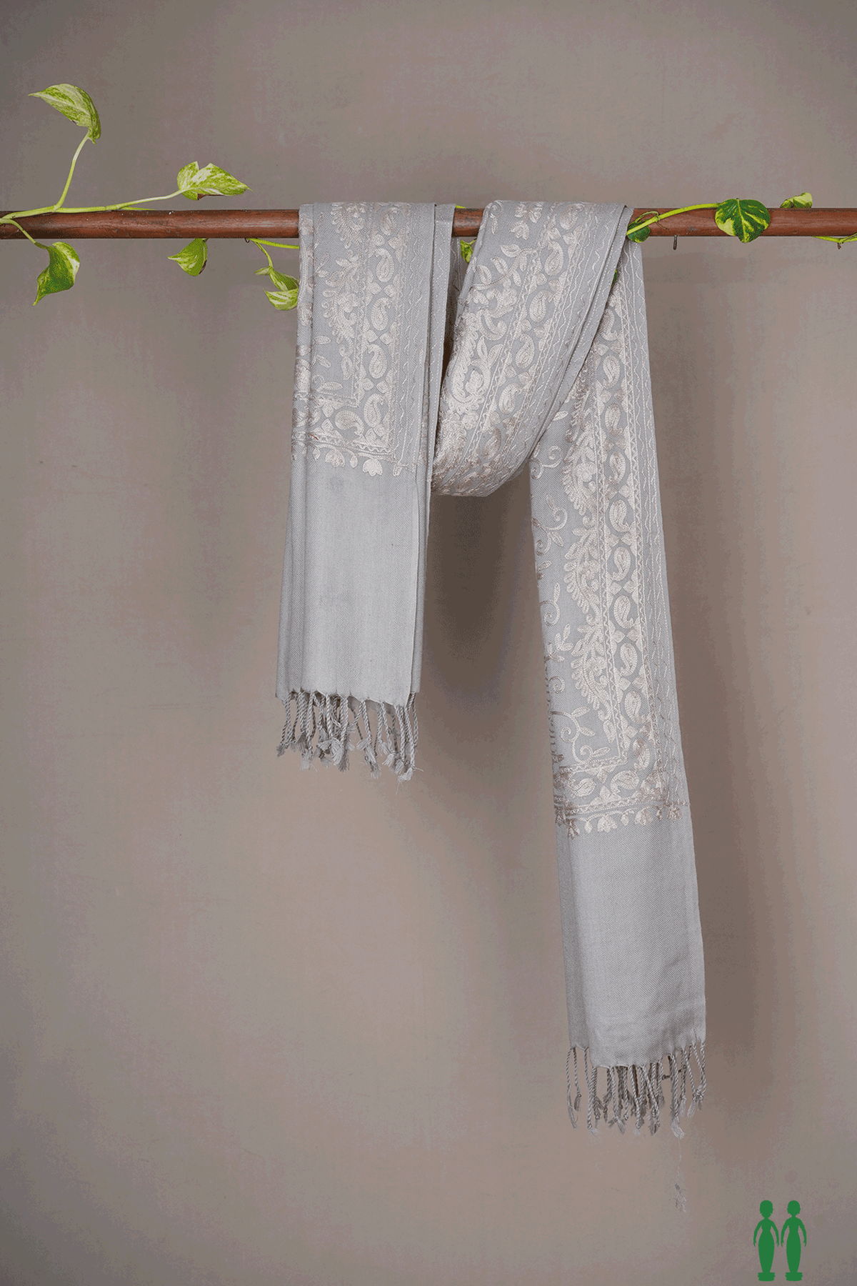 Allover Embroidered Design Taupe Grey Woolen Shawl
