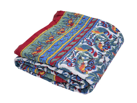 Allover Floral And Parrot Printed Multicolor Cotton Single Quilt
