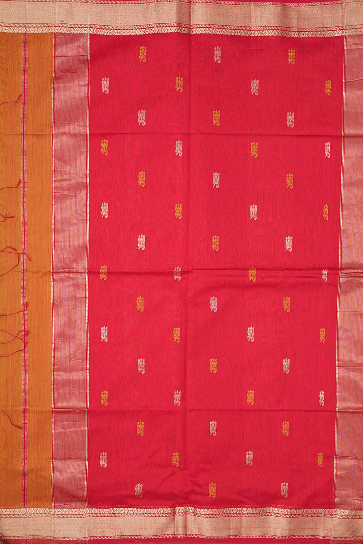 Floral Buttas Ochre Orange Maheswari Silk Cotton Saree