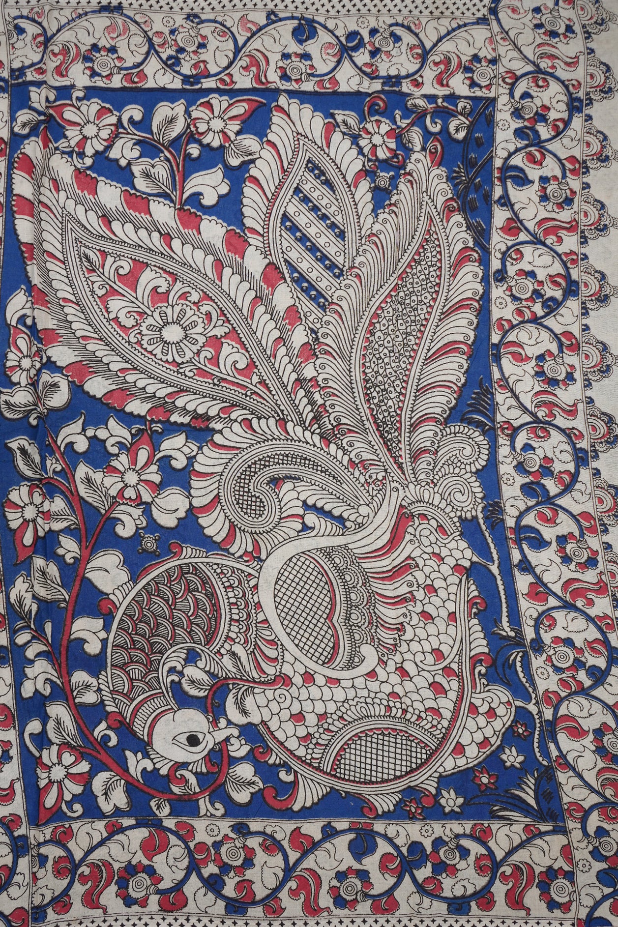 Allover Floral Design Beige Printed Kalamkari Cotton Saree