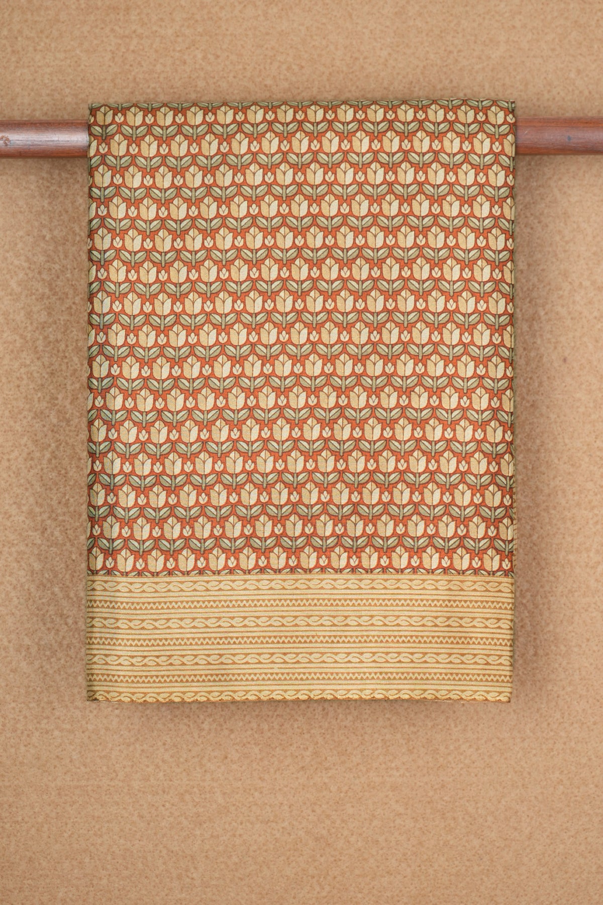 Allover Floral Design Brick Brown Printed Silk Saree