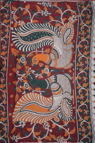 Allover Floral Design Bright Orange Printed Kalamkari Cotton Saree