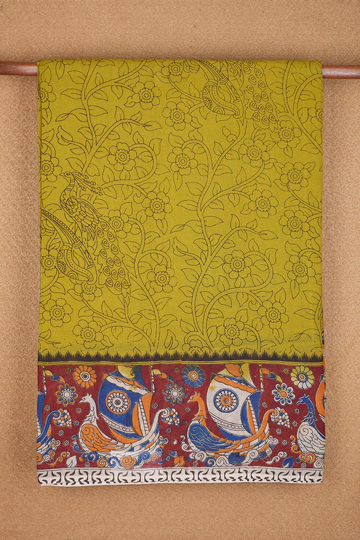Allover Floral Design Celery Yellow Printed Kalamkari Cotton Saree