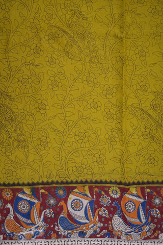 Allover Floral Design Celery Yellow Printed Kalamkari Cotton Saree