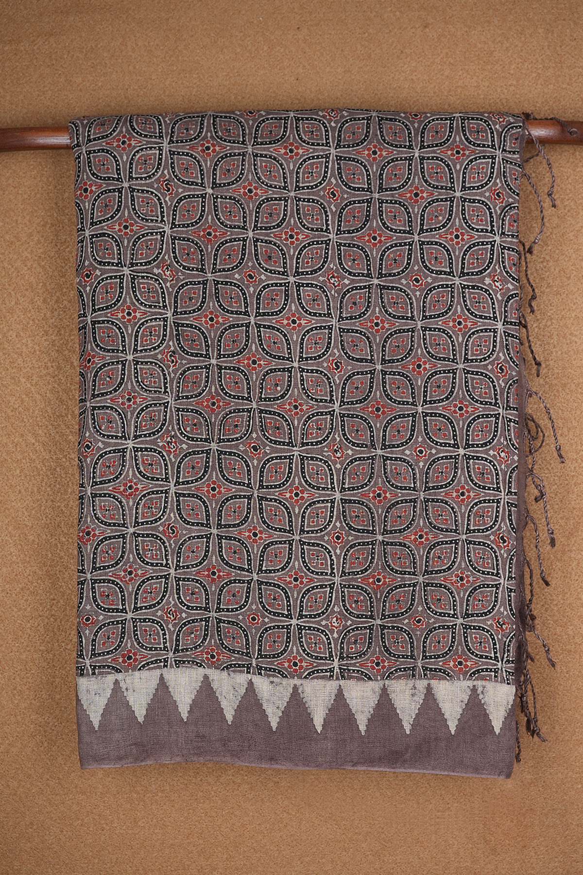 Allover Floral Design Cocoa Brown Ajrakh Printed Linen Saree