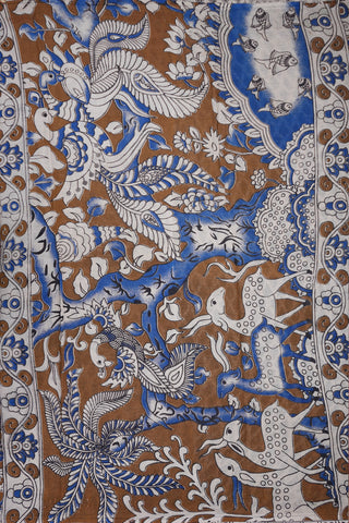 Allover Floral Design Coffee Brown Printed Kalamkari Cotton Saree