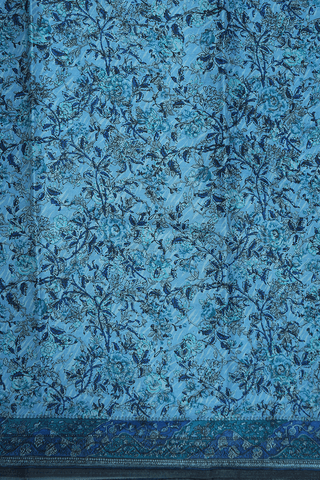 Allover Floral Design Dusty Blue Printed Silk Saree